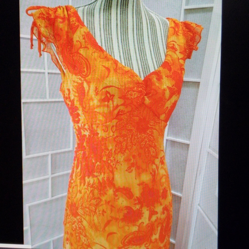 Sz 11 IZ Byer California Orange & Red Midi Dress